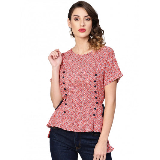 Women Casual Short Sleeve Geometric Rayon Top (Red)