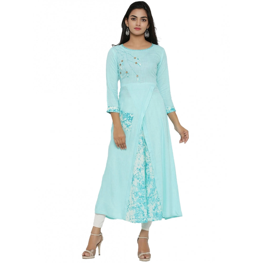 Women Casual 3/4 th Sleeve Embroidery Rayon Kurti (Sky Blue)