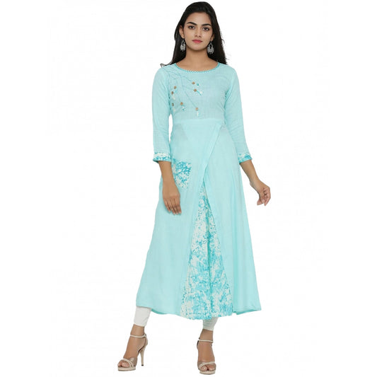 Women Casual 3/4 th Sleeve Embroidery Rayon Kurti (Sky Blue)