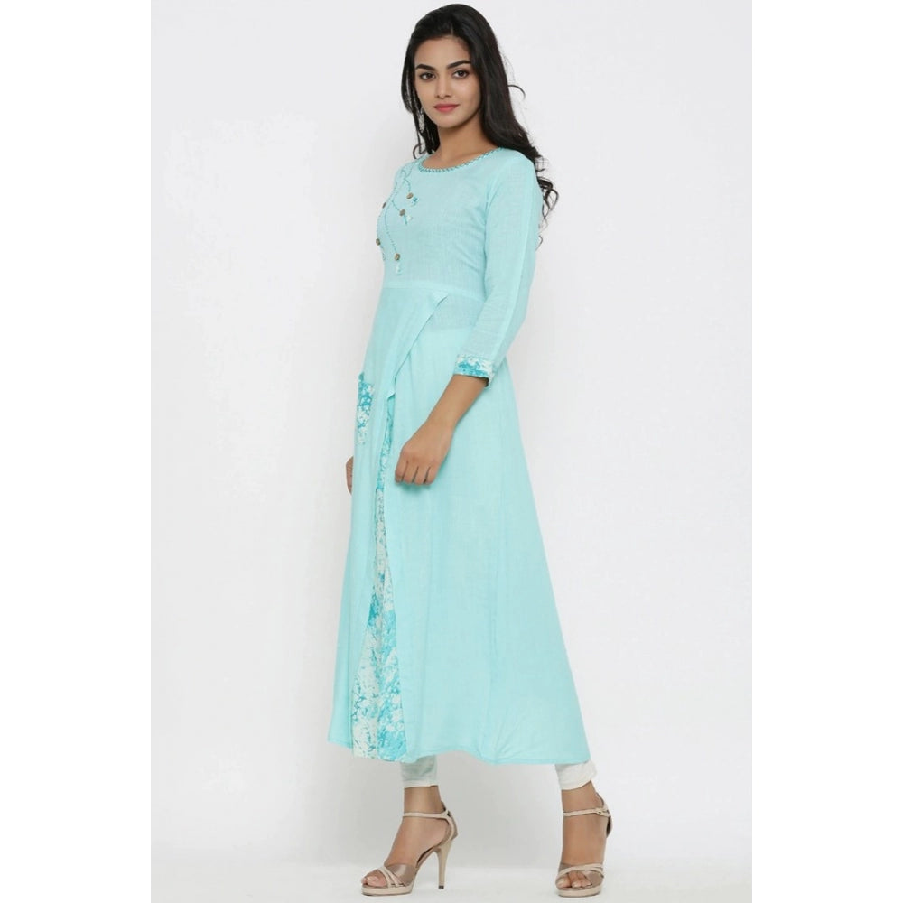 Women Casual 3/4 th Sleeve Embroidery Rayon Kurti (Sky Blue)