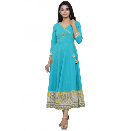 Women Casual 3/4 th Sleeve Embroidery Cotton Blend Kurti (Torque Green)