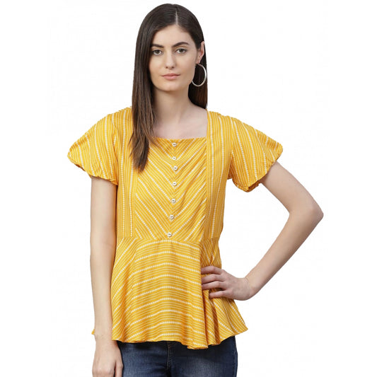 Women Casual Short Sleeves Stripe Printed Rayon Top (Mustard)
