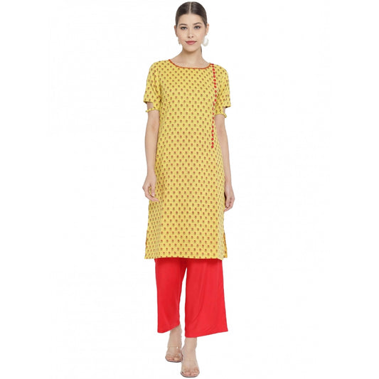 Women Casual Short Sleeves Floral Printed Cotton &amp; Rayon Kurti Palazzo Set (Yellow &amp; Red)