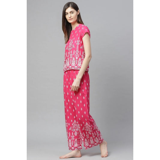 Women Casual Short Sleeve Printed Rayon Pajama Set (Pink)