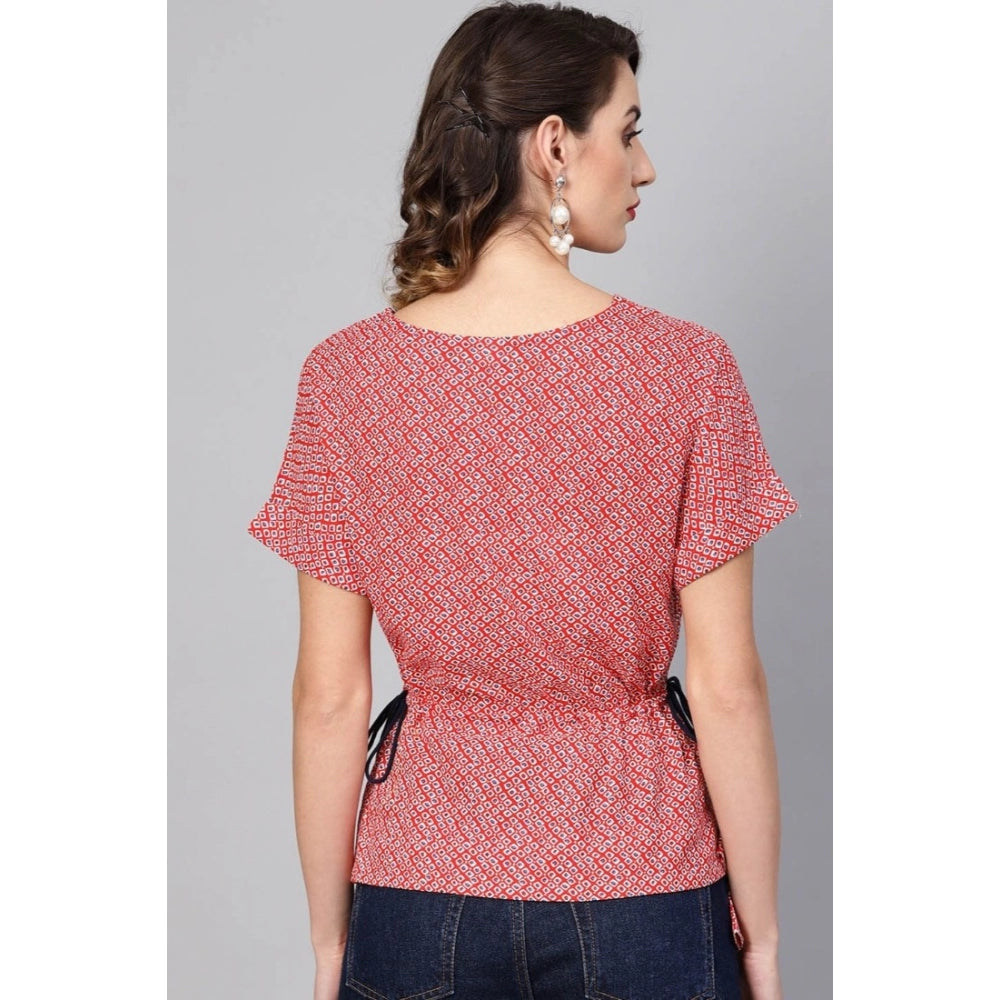 Women Casual Short Sleeve Geometric Rayon Top (Red)