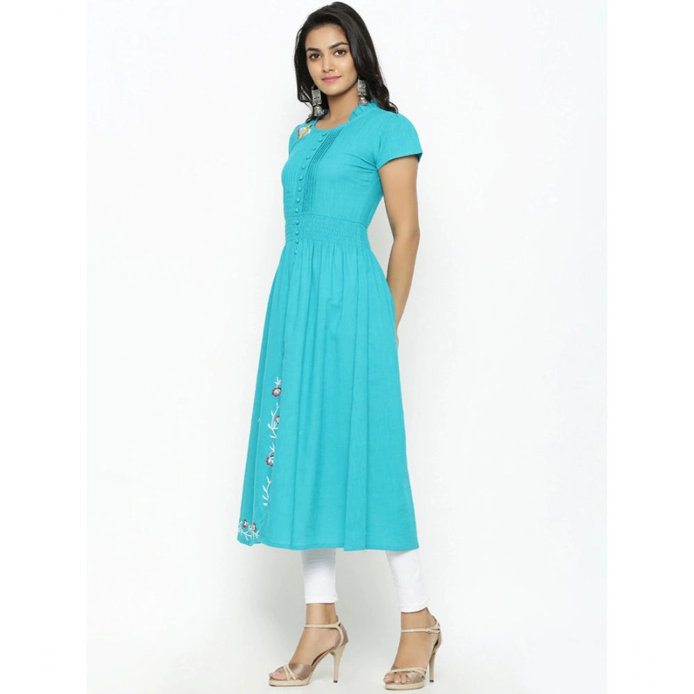 Women Casual Short Sleeve Embroidery Cotton Slub Kurti (Torque Green)