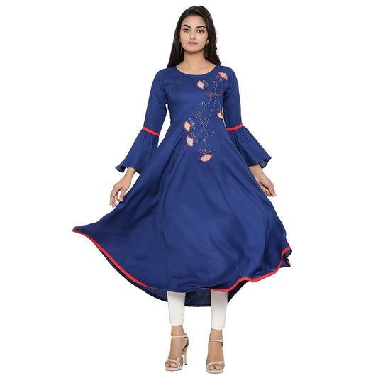 Women Casual Bell Sleeves Embroidery Rayon Kurti (Blue)