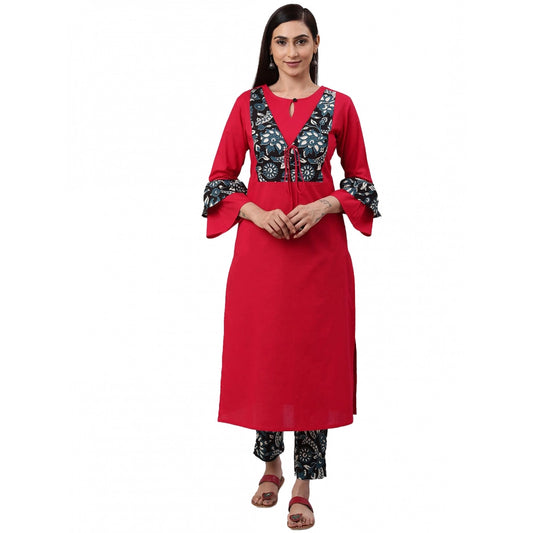 Women Casual Bell Sleeves Floral Printed Cotton Kurti Set (Rani Pink)