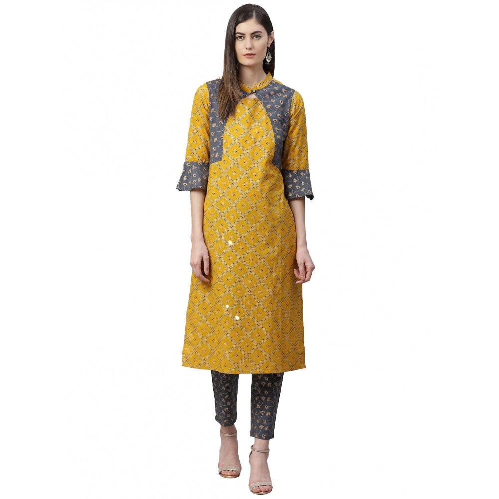 Women Casual Bell Sleeves Geomatrical Printed Cotton Kurti Set (Yellow)