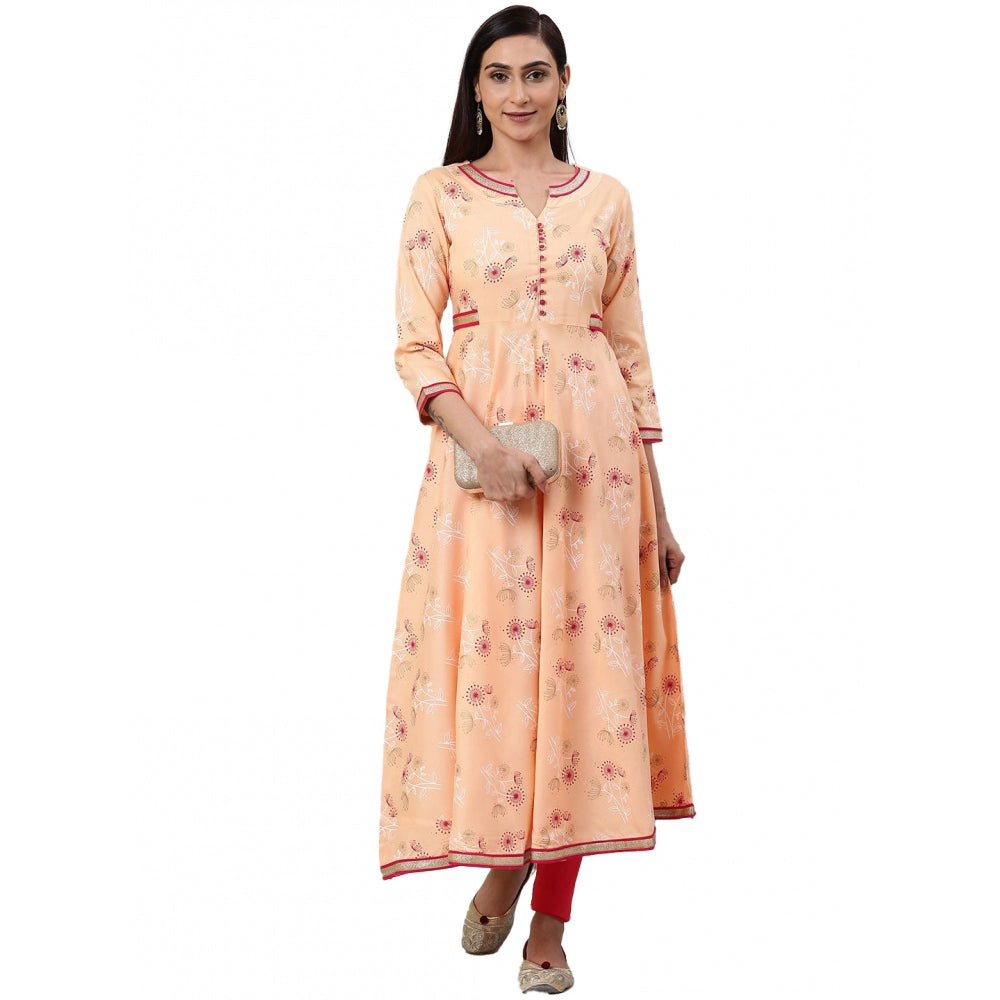 Women Casual 3/4 th Sleeve Floral Printed Rayon Kurti (Peach)