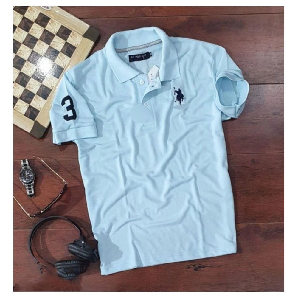 Men's Casual Half sleeve Solid Cotton Polo Neck T-shirt (Sky Blue)