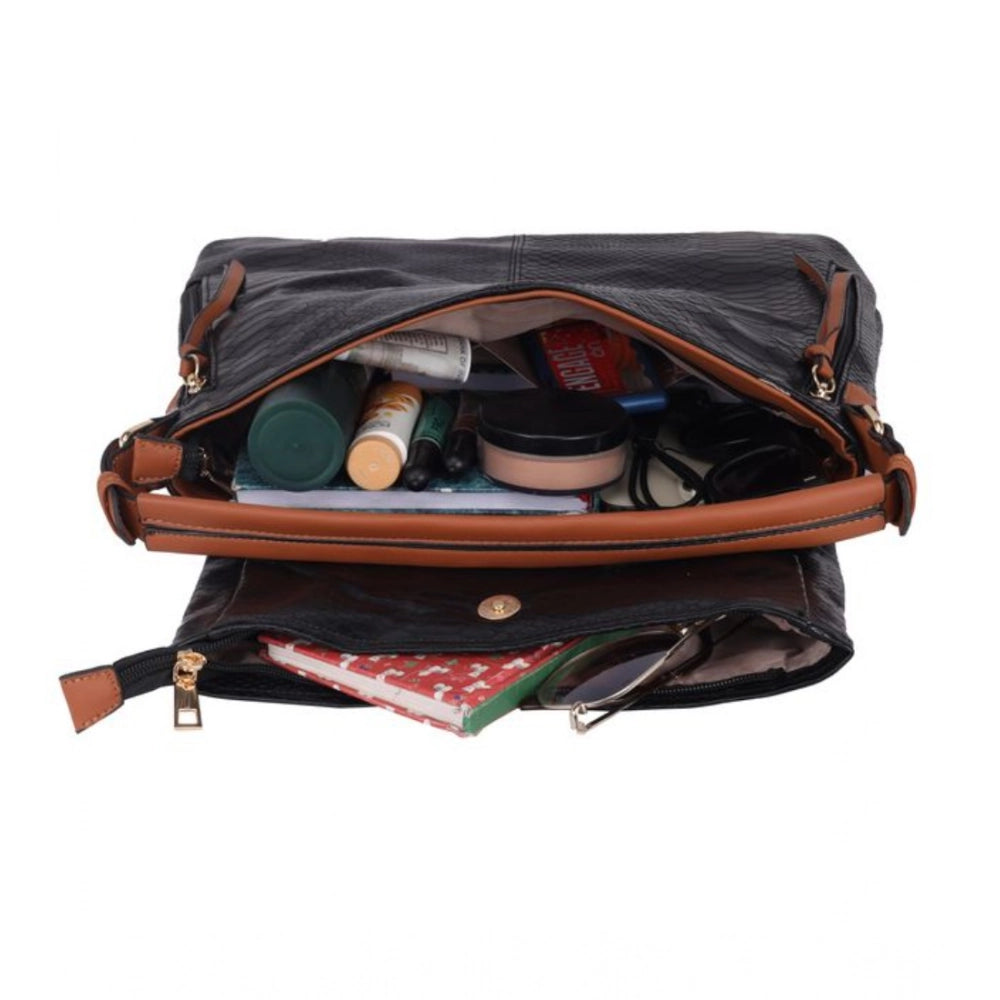 Women Faux Leather Textured Sling Bag (Black)