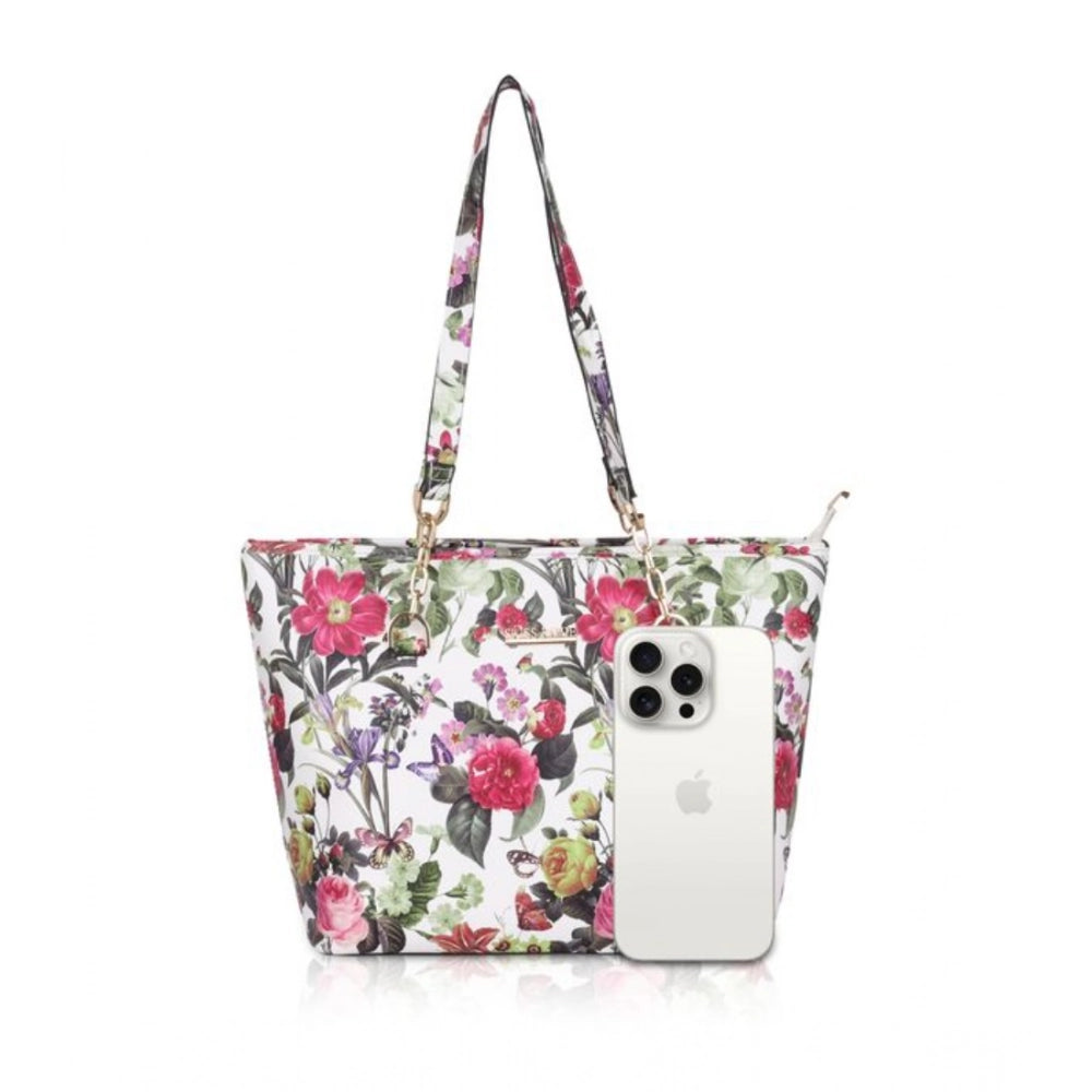 Women Faux Leather Printed Tote Bag (White Pink)