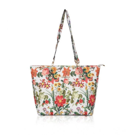 Women Faux Leather Printed Tote Bag (White Orang)