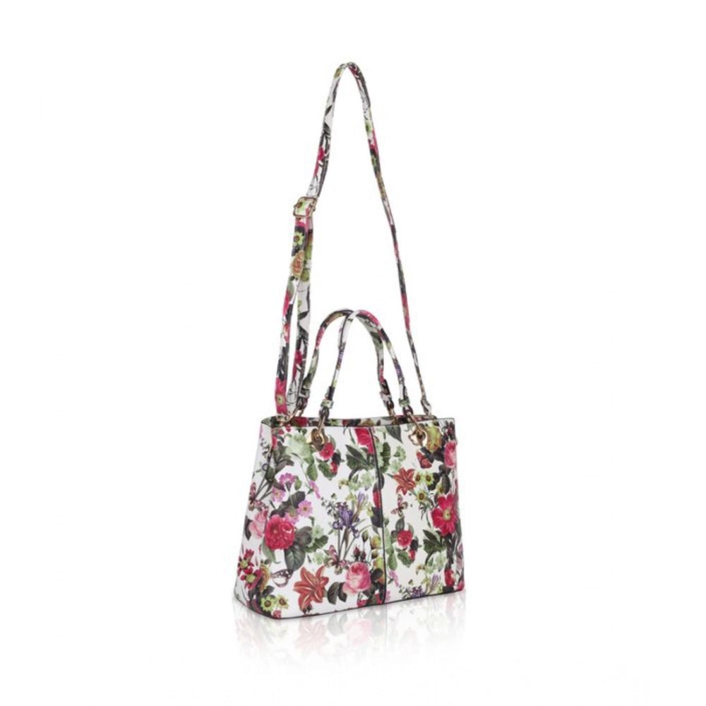 Women Faux Leather Printed Handheld Bag (White Pink)