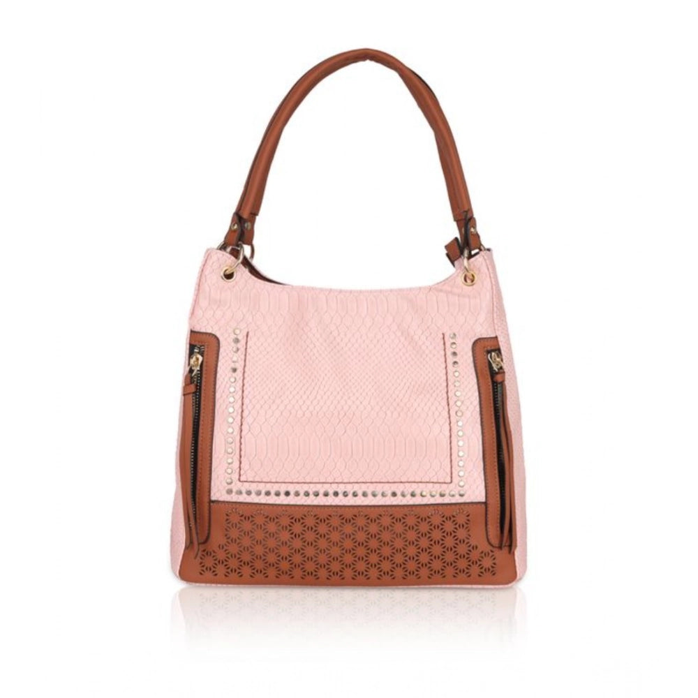 Women Faux Leather Printed Tote Bag (Pink)