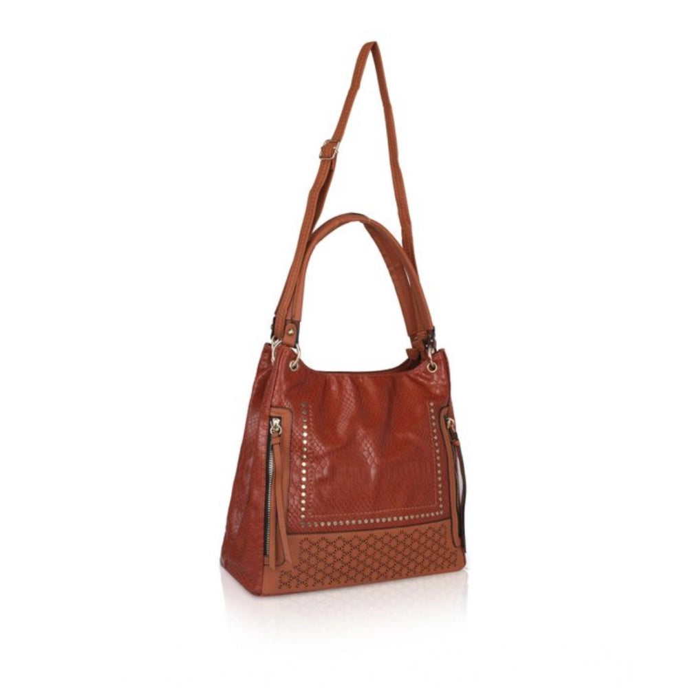 Women Faux Leather Textured Tote Bag (Brown)