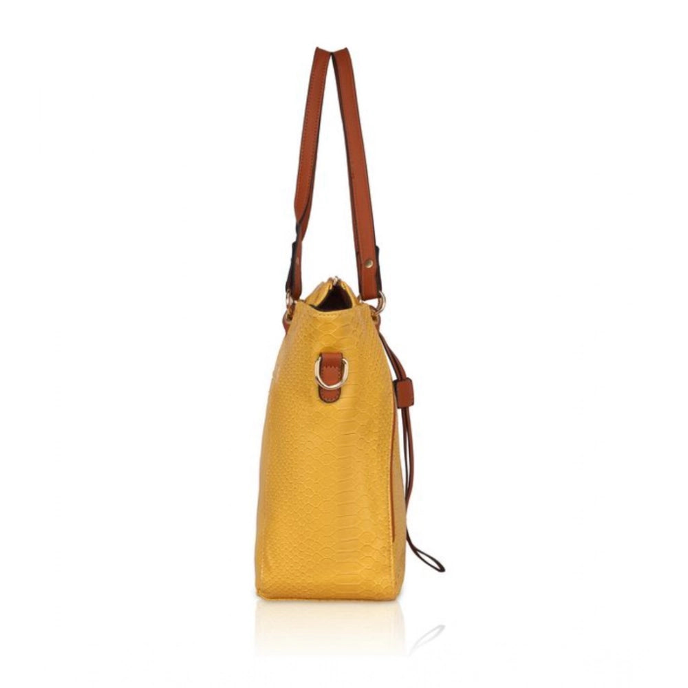 Women Faux Leather Textured Tote Bag (Yellow)