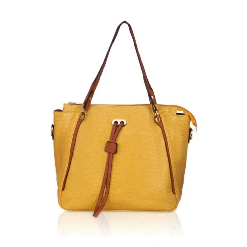 Women Faux Leather Textured Tote Bag (Yellow)