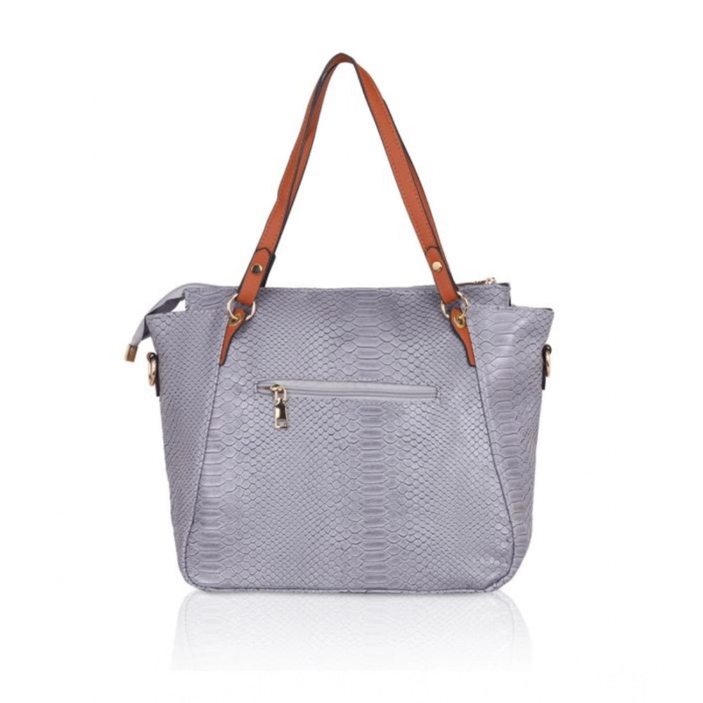 Women Faux Leather Textured Tote Bag (Grey)