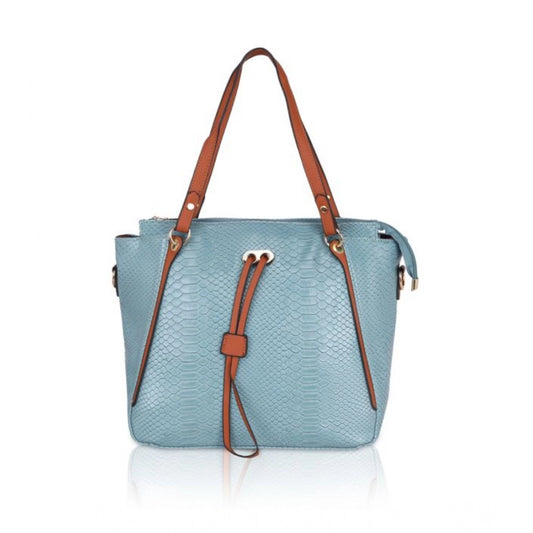 Women Faux Leather Textured Tote Bag (Blue)
