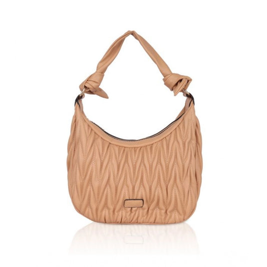 Women Faux Leather Textured Handbag (Beige)