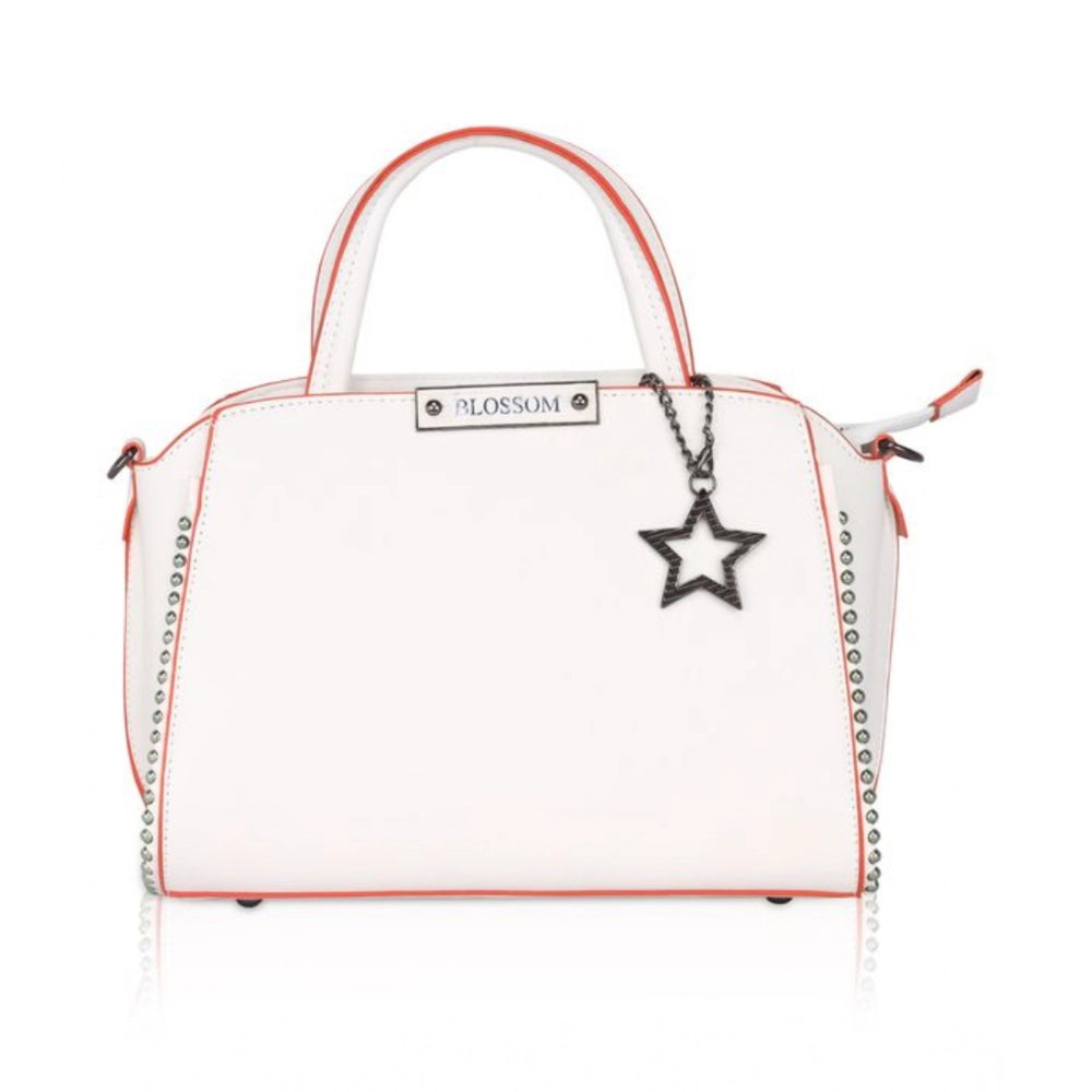 Women Faux Leather Metal Beads Handbag (White)
