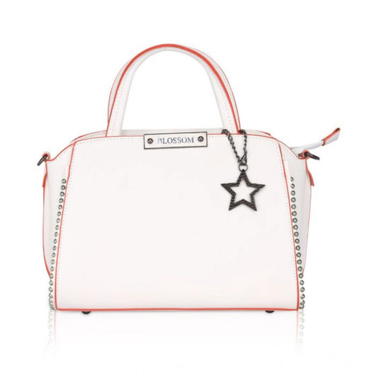 Women Faux Leather Metal Beads Handbag (White)