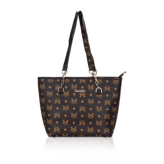 Women Faux Leather Printed Tote Bag (Brown)