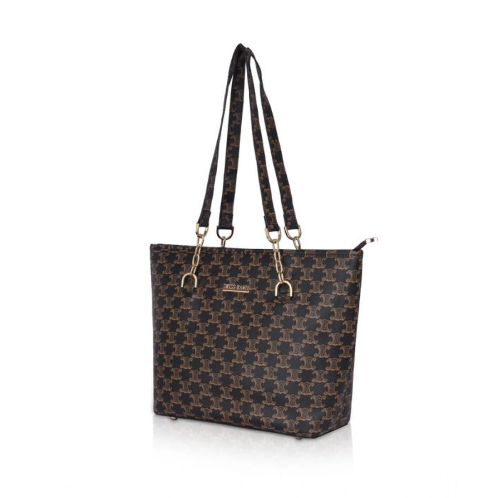 Women Faux Leather Printed Tote Bag (Brown)
