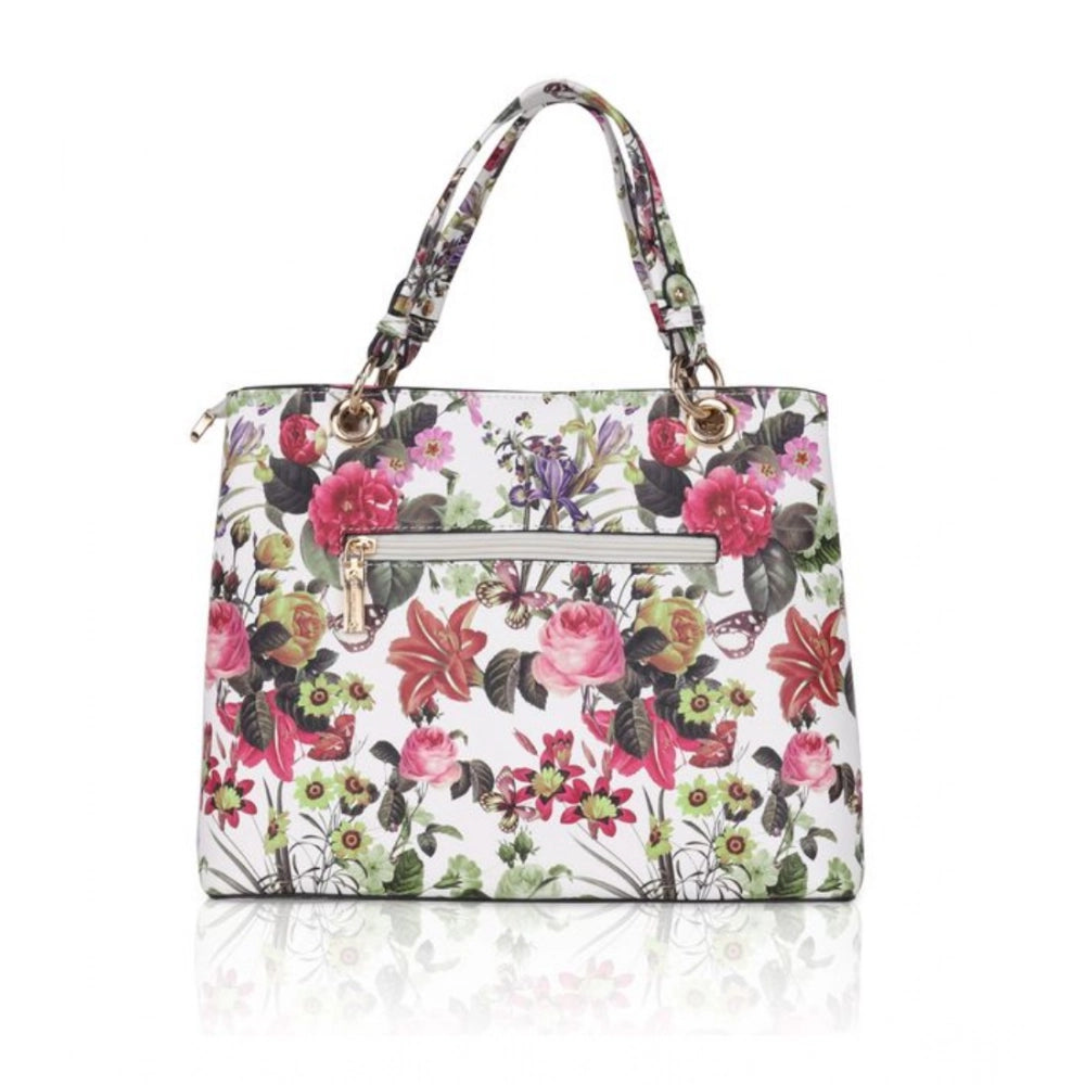 Women Faux Leather Printed Handheld Bag (White Pink)