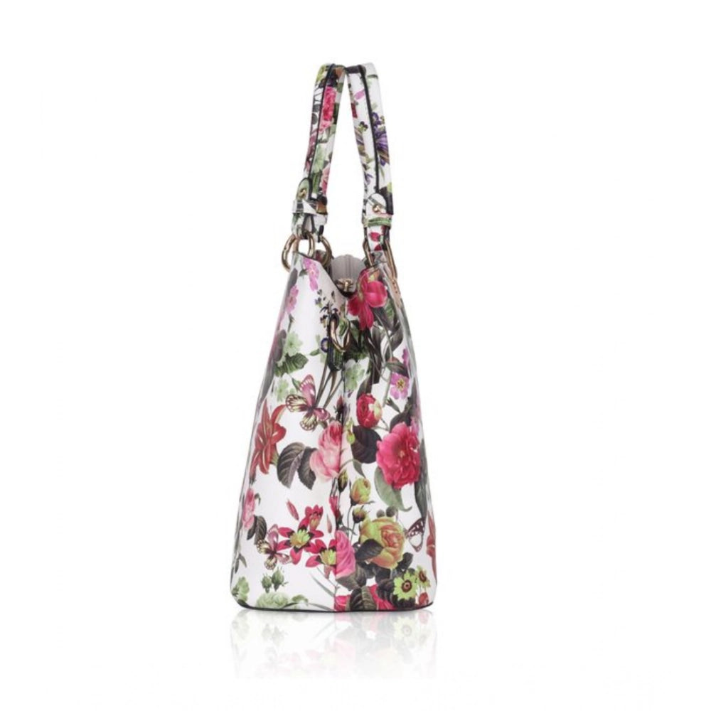 Women Faux Leather Printed Handheld Bag (White Pink)
