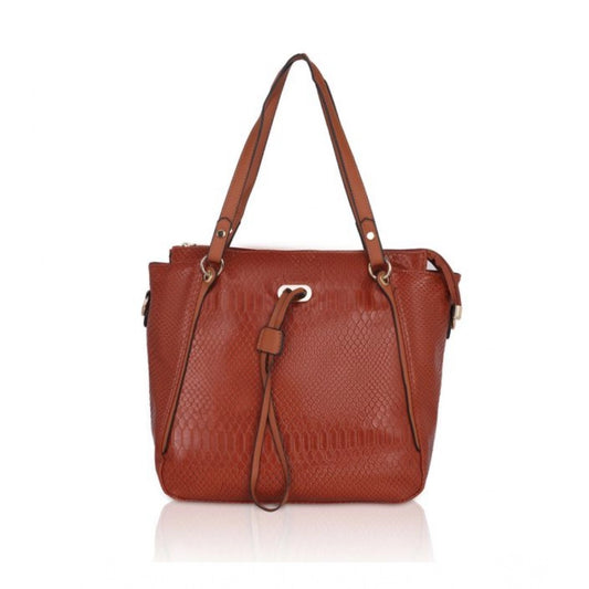 Women Faux Leather Textured Tote Bag (Brown)