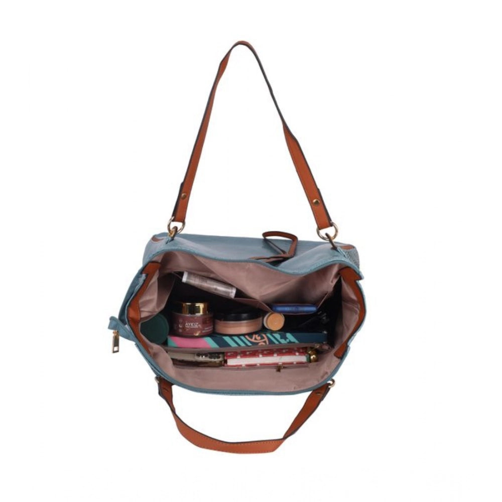 Women Faux Leather Textured Tote Bag (Blue)