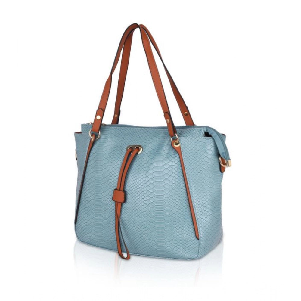 Women Faux Leather Textured Tote Bag (Blue)