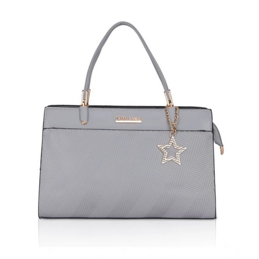 Women Faux Leather Textured Adjustable Long Belt Handbag (Grey)