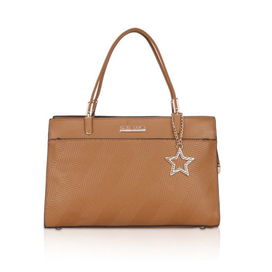 Women Faux Leather Textured Adjustable Long Belt Handbag (Brown)