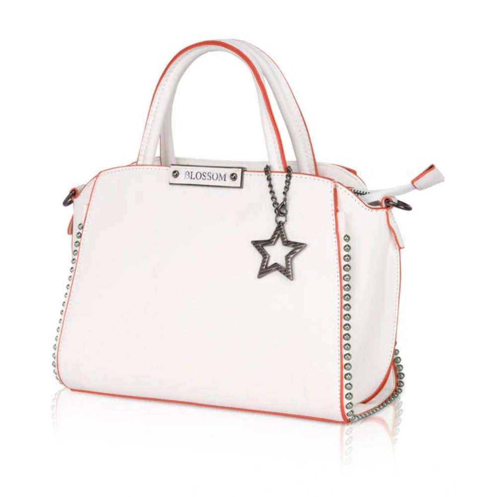 Women Faux Leather Metal Beads Handbag (White)