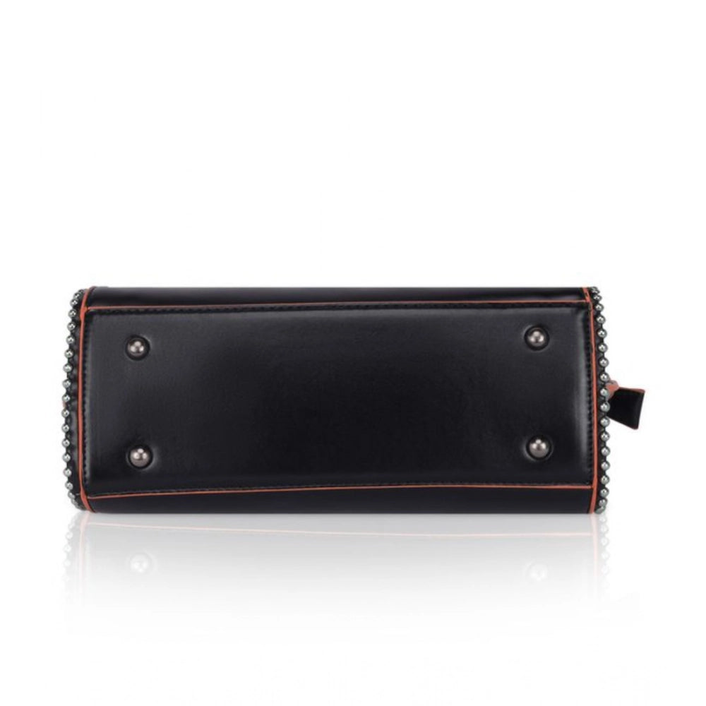 Women Faux Leather Metal Beads Handbag (Black)