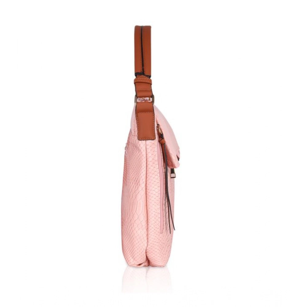 Women Faux Leather Textured Sling Bag (Pink)
