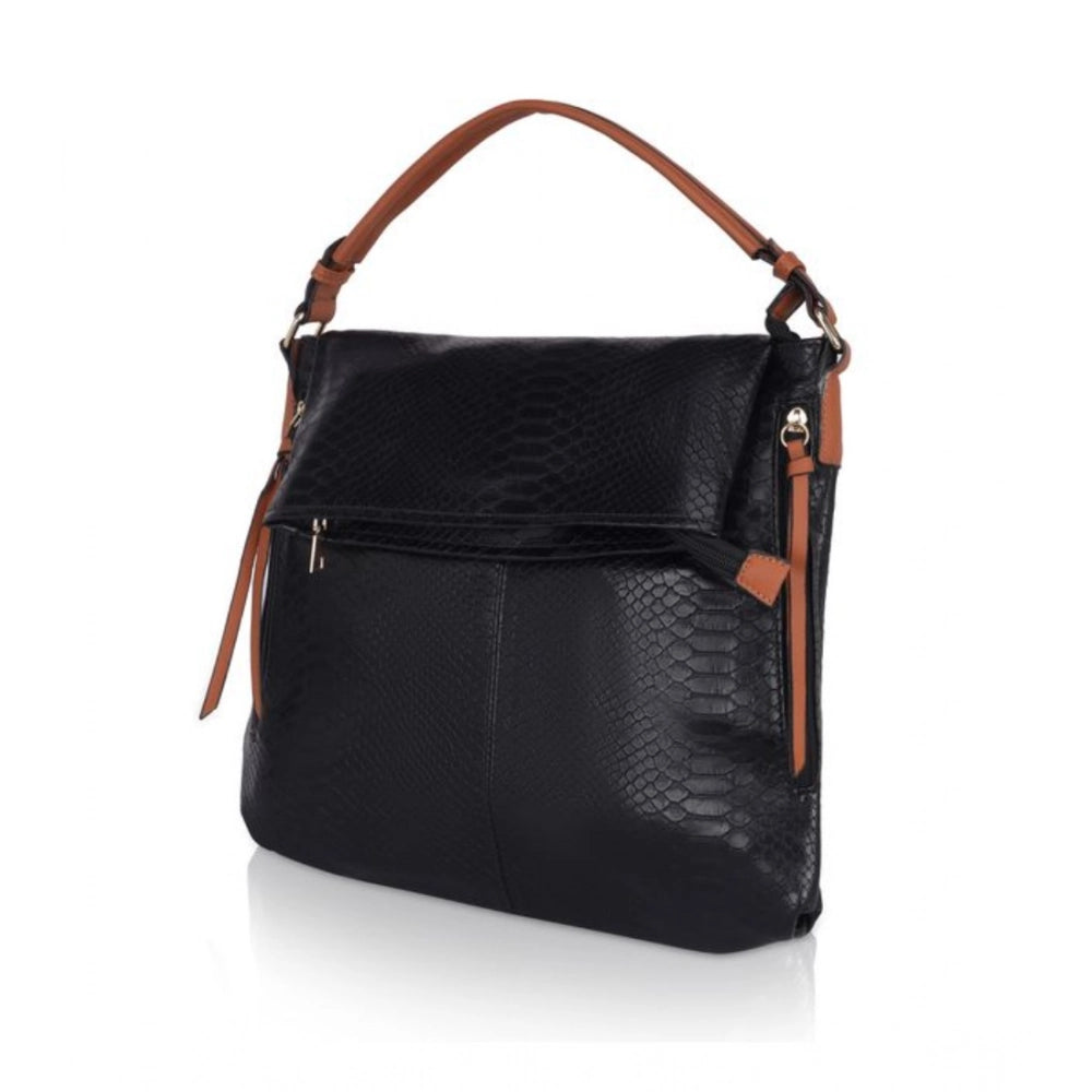 Women Faux Leather Textured Sling Bag (Black)