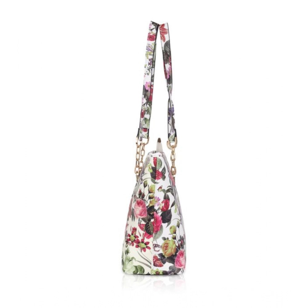 Women Faux Leather Printed Tote Bag (White Pink)