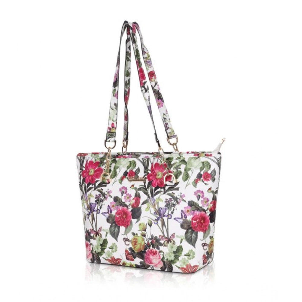 Women Faux Leather Printed Tote Bag (White Pink)