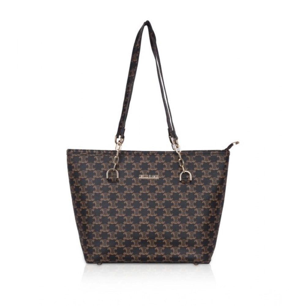 Women Faux Leather Printed Tote Bag (Brown)