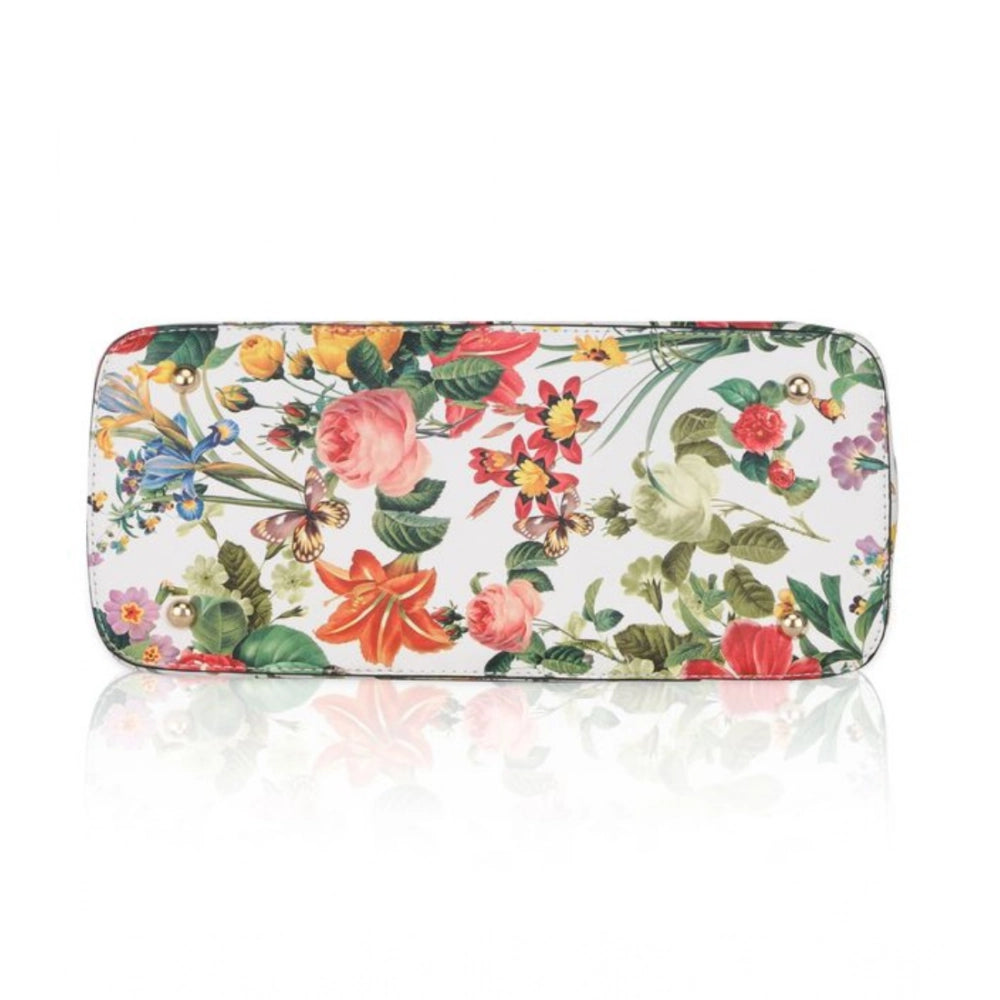 Women Faux Leather Printed Handheld Bag (White Orang)