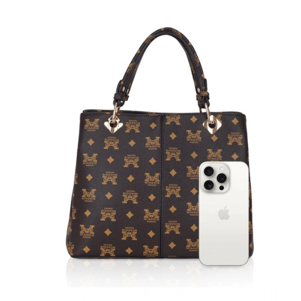 Women Faux Leather Printed Handheld Bag (Brown )