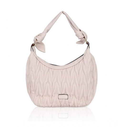 Women Faux Leather Textured Handbag (Beige White)