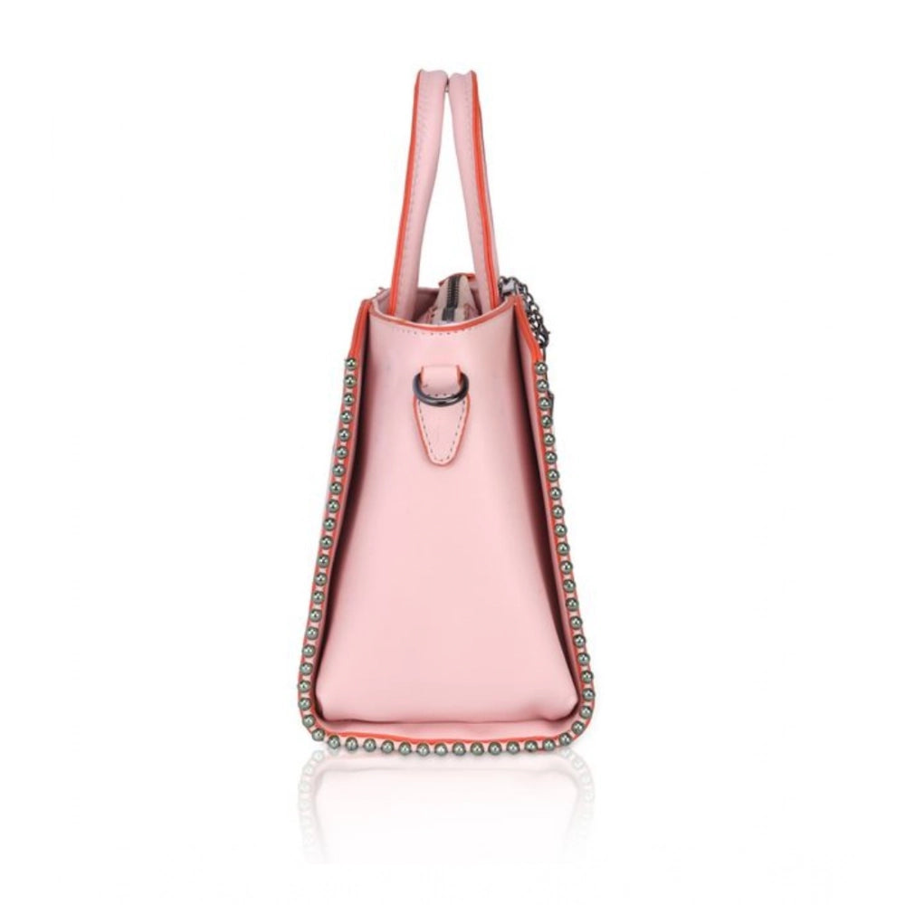 Women Faux Leather Metal Beads Handbag (Pink)
