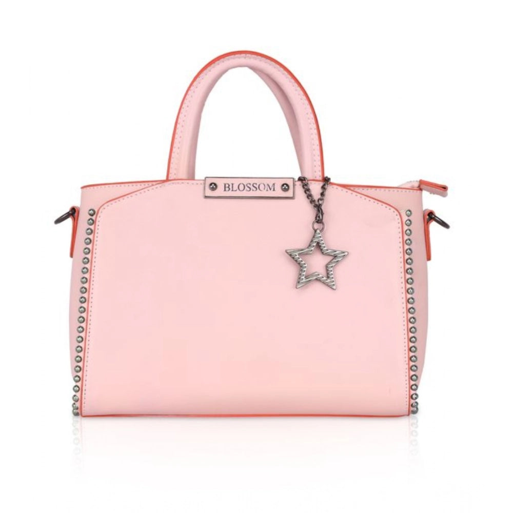 Women Faux Leather Metal Beads Handbag (Pink)