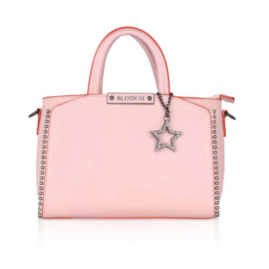 Women Faux Leather Metal Beads Handbag (Pink)